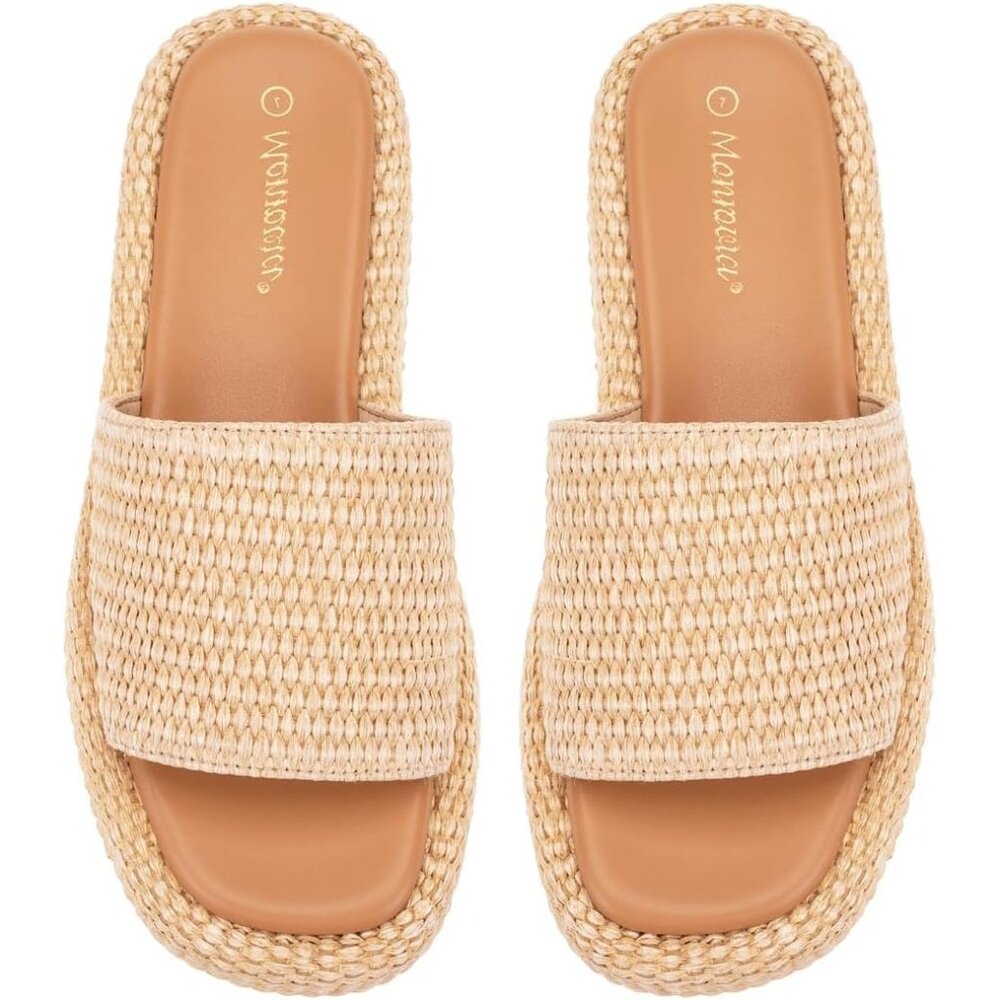 Women's Natural Raffia Wicker Espadrilles Slip On Low Wedge Slides Summer Straw - Picture 5 of 6